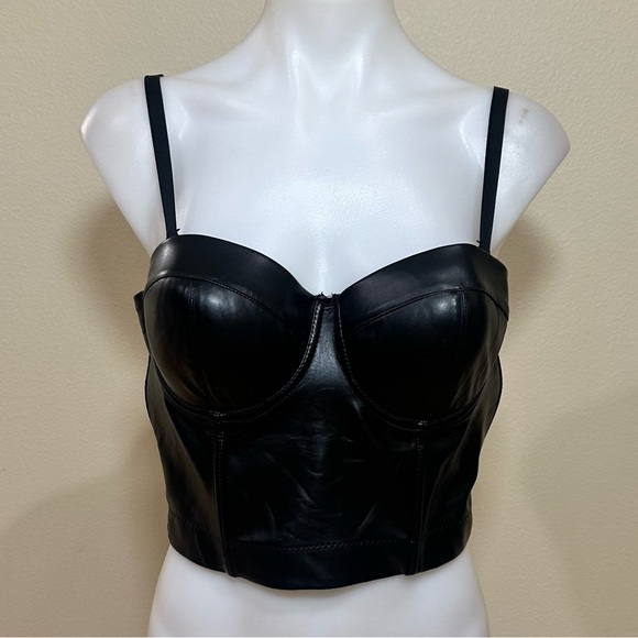 Tops - Punk goth biker Black Spaghetti adjustable Straps PU Leather Bustier Crop Top
